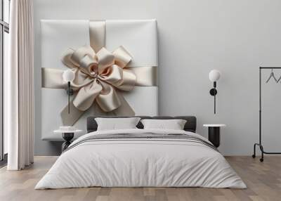 Top view of a white gift box with a 3D bow and a metallic accent, embodying a perfect blend of classic and modern elements. [Metallic accented white gift box elegance top view 3D g Wall mural